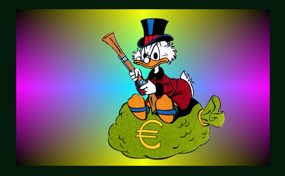 Dagobert Duck sitzt mit einer Schrotflinte bewaffnet auf einem Geldsack. Man sieht dass er von seinem Geldsack niemals freiwillig herunter steigen würde.